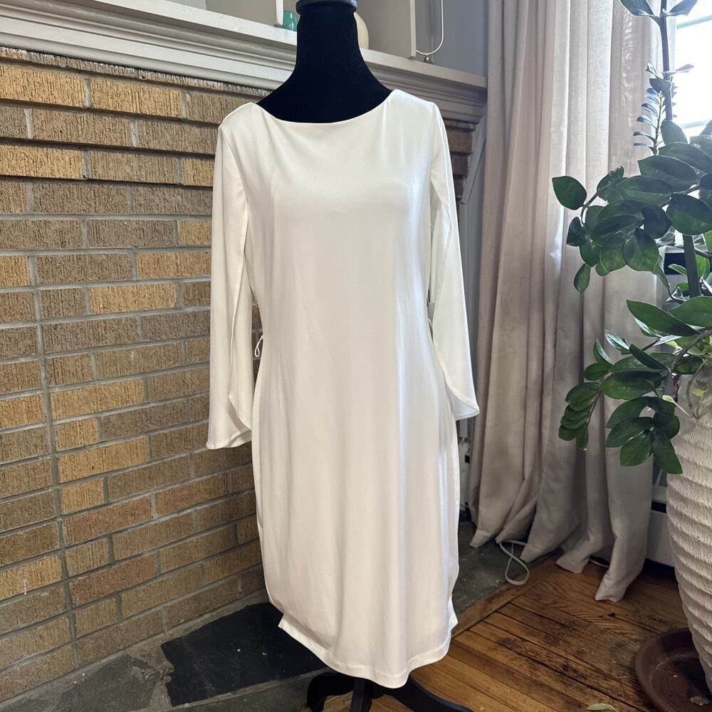 Calvin Klein Women's Dress 6 White Belt Angel 3/4 Sleeve Sheath Style Knit - Picture 2 of 9
